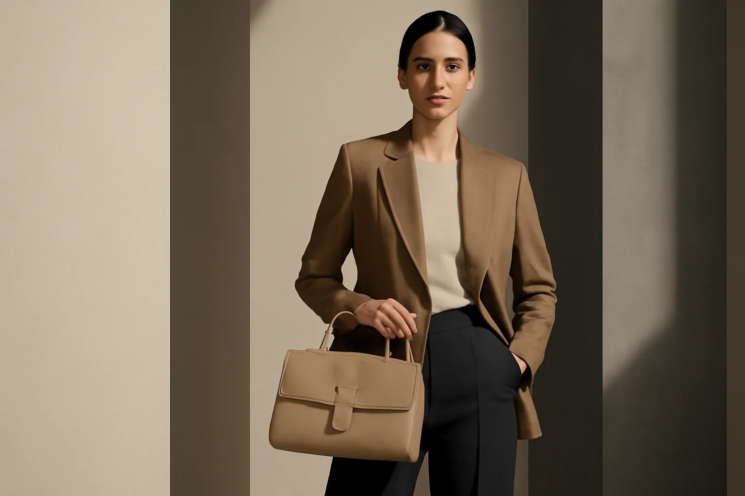 Tailored editorial elegance, confident modern mood, soft directional