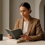 Tailored editorial elegance, confident modern mood, soft directional
