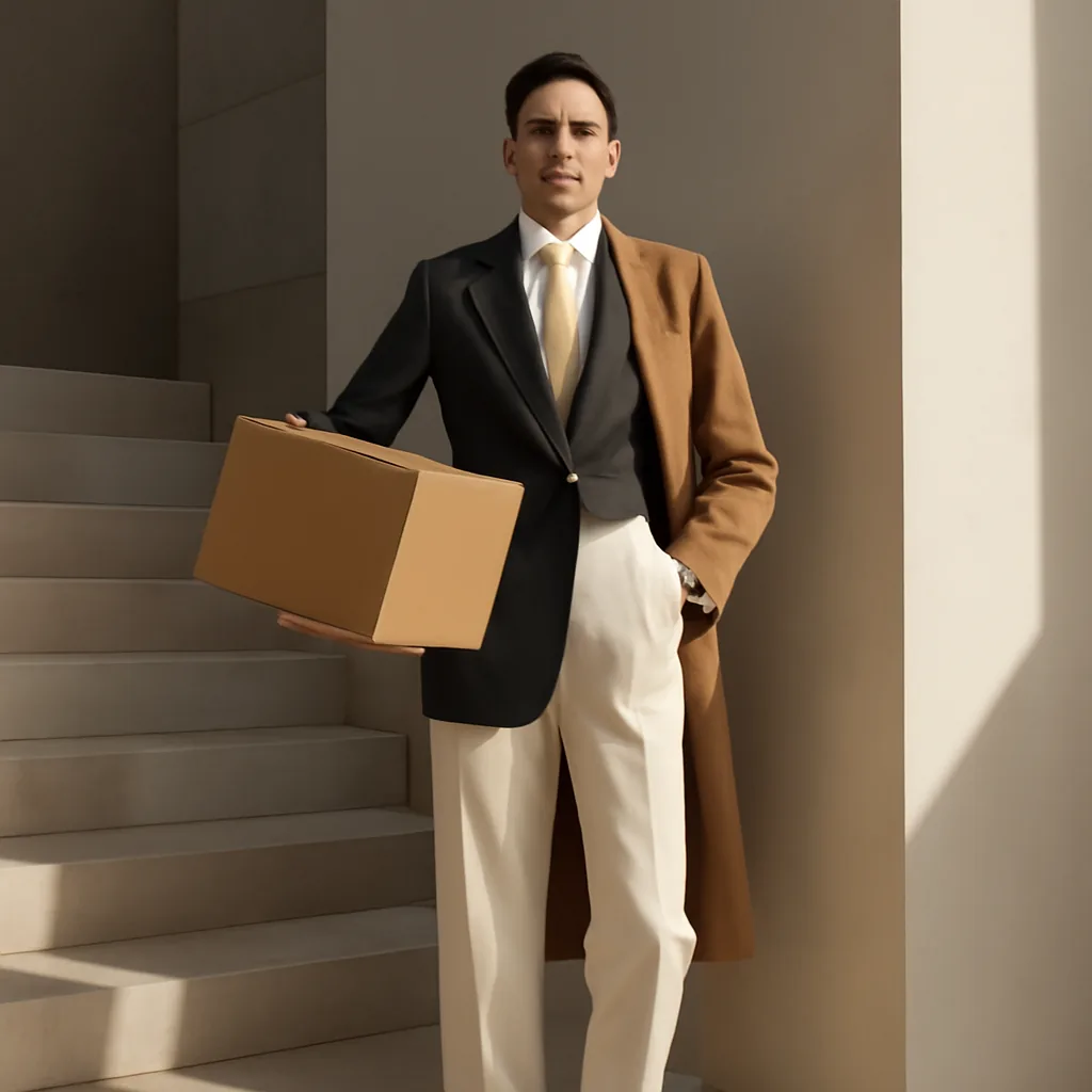 Tailored editorial elegance, confident modern mood, soft directional